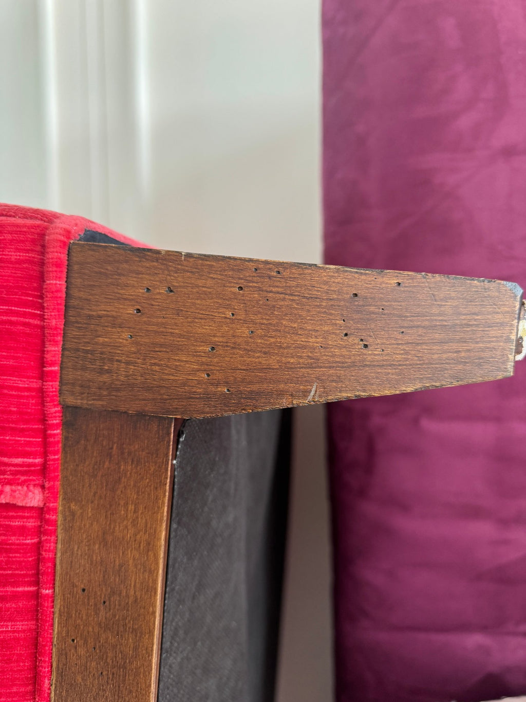 Kristin Drohan Collection Red Velvet Love Seat With Embroidered Down-Filled Throw Pillows