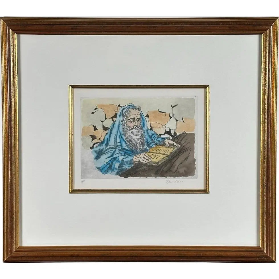 Vintage Hand Colored Judaica Etching Praying Rabbi Artist Proof by David Hendler Framed