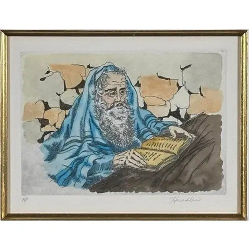 Vintage Hand Colored Judaica Etching Praying Rabbi Artist Proof by David Hendler Framed