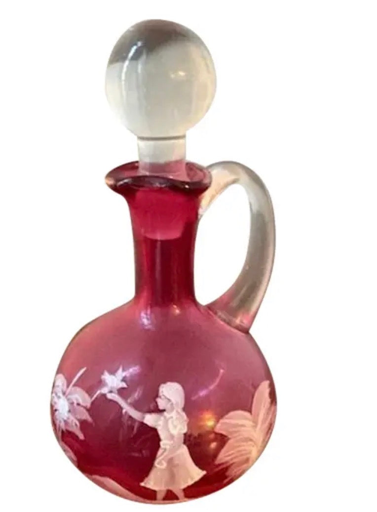 Antique Hand-Blown Mary Gregory Cranberry Glass Cruet & Stopper