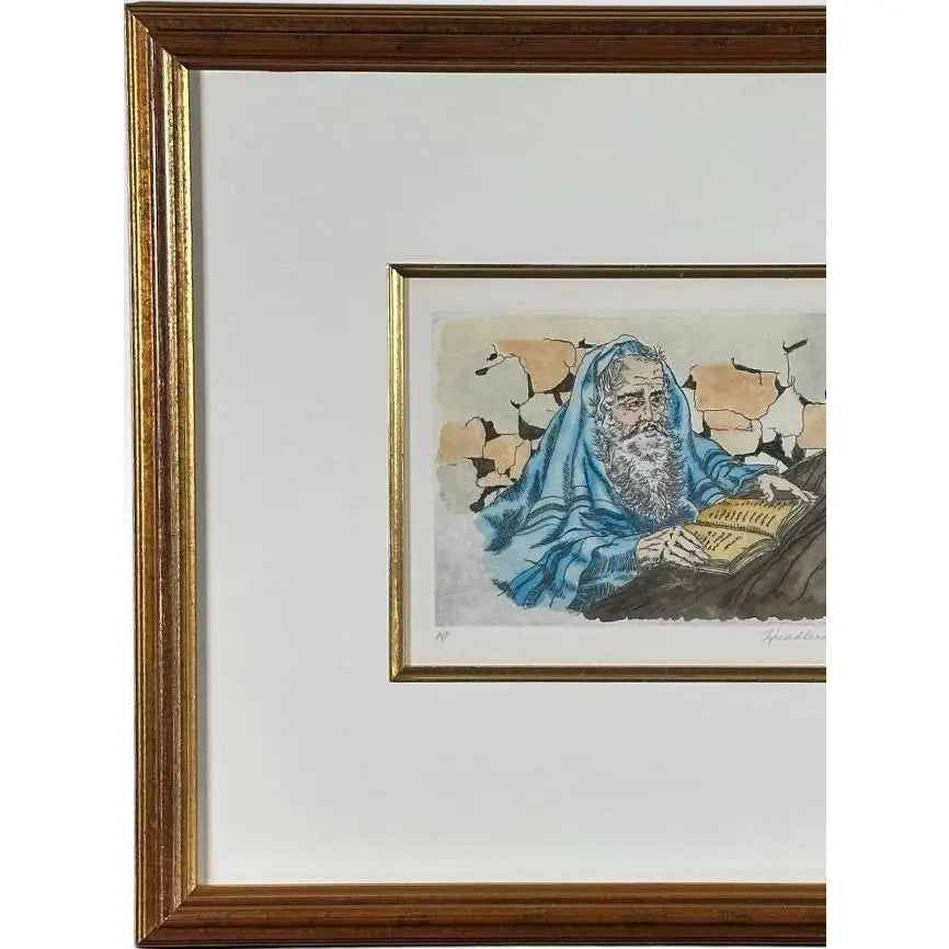 Vintage Hand Colored Judaica Etching Praying Rabbi Artist Proof by David Hendler Framed