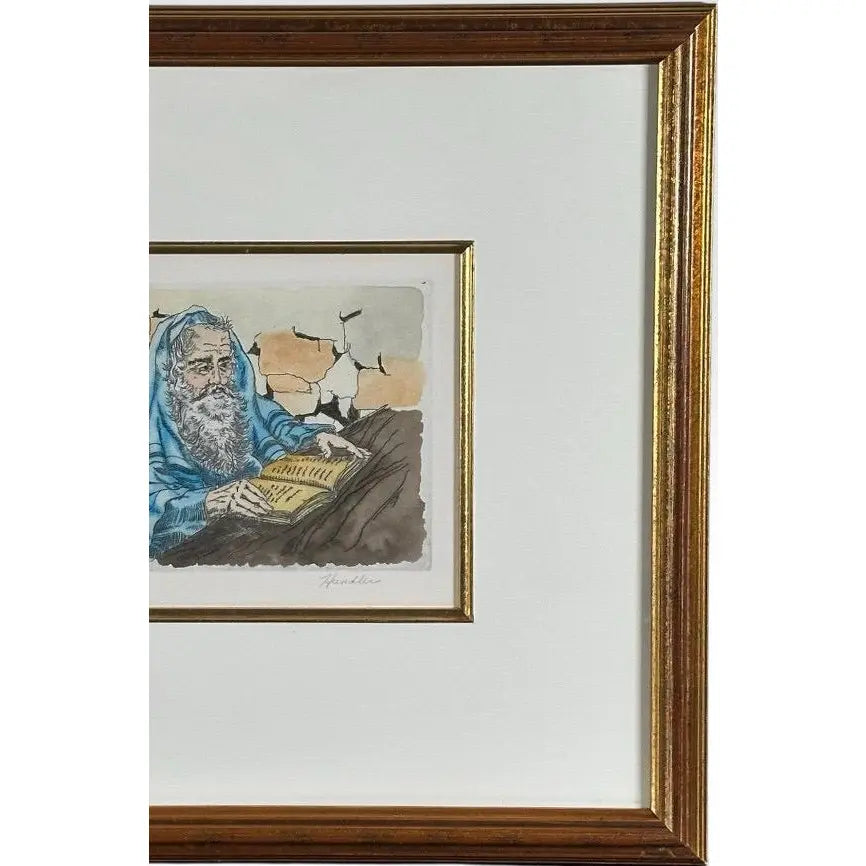 Vintage Hand Colored Judaica Etching Praying Rabbi Artist Proof by David Hendler Framed