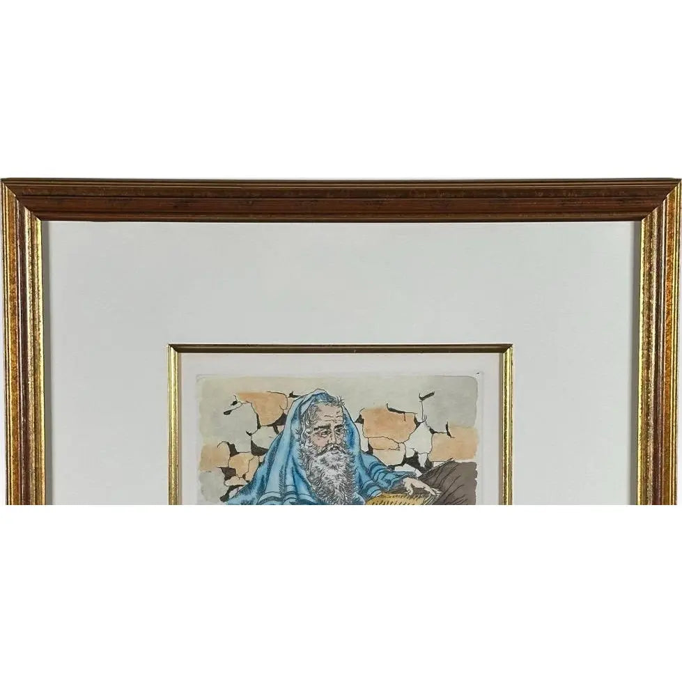 Vintage Hand Colored Judaica Etching Praying Rabbi Artist Proof by David Hendler Framed
