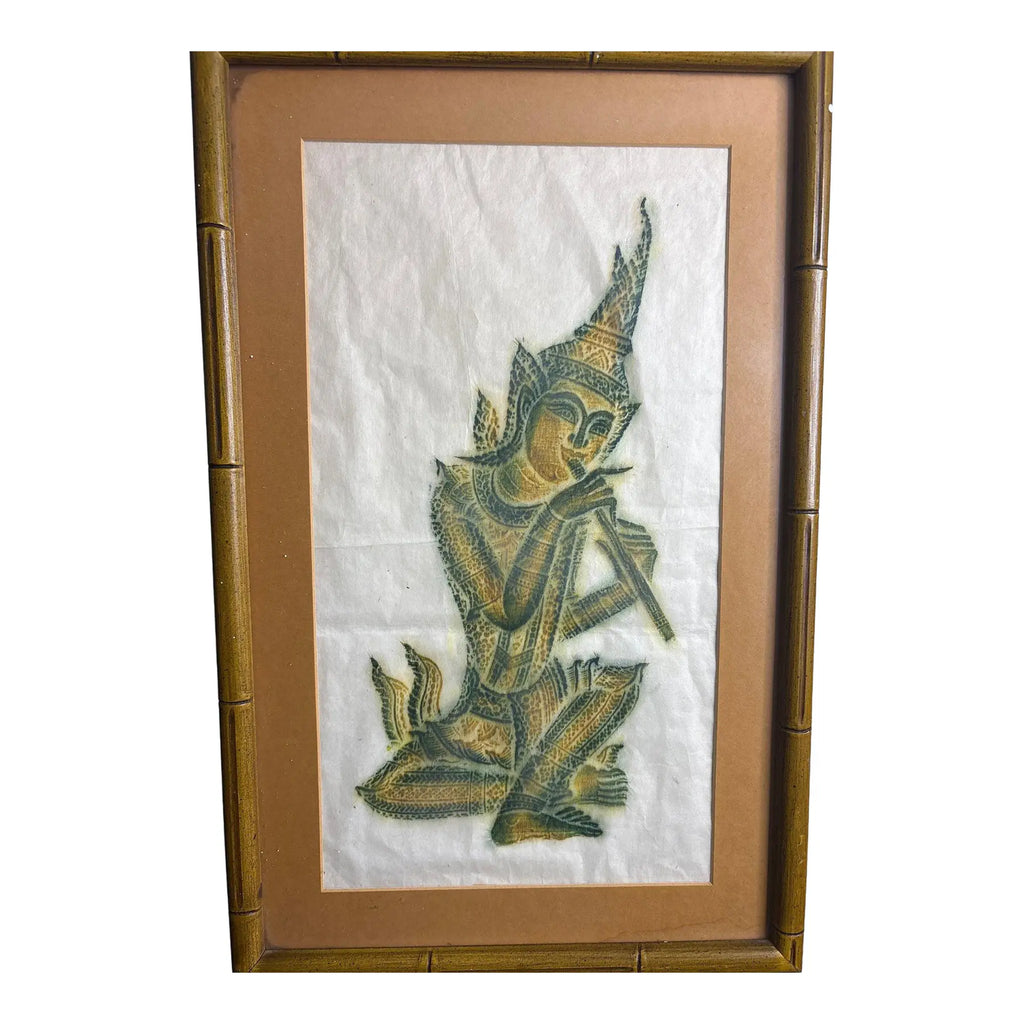Vintage Thai Temple Rubbing of Celestial Musician in Green & Gold