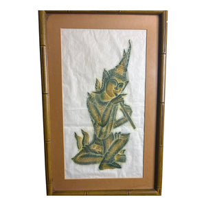 Vintage Thai Temple Rubbing of Celestial Musician in Green & Gold