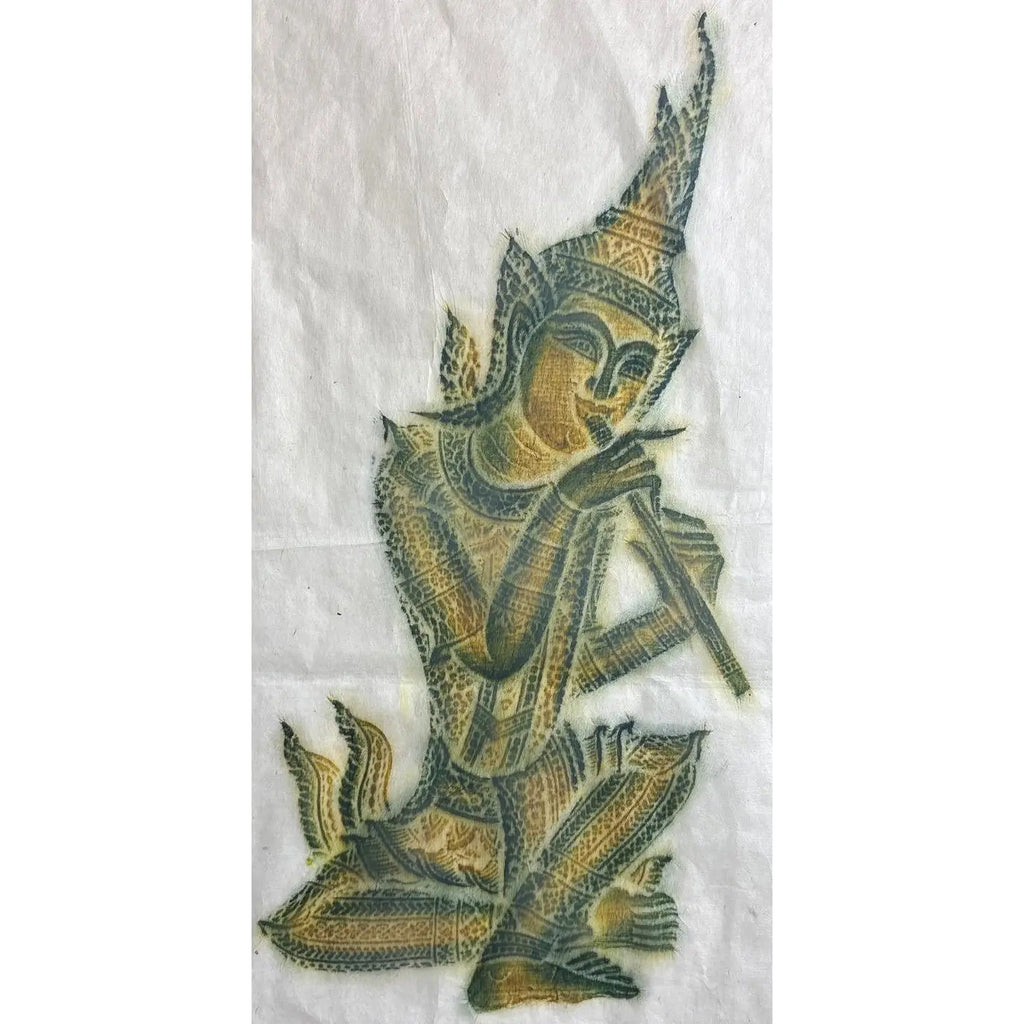 Vintage Thai Temple Rubbing of Celestial Musician in Green & Gold