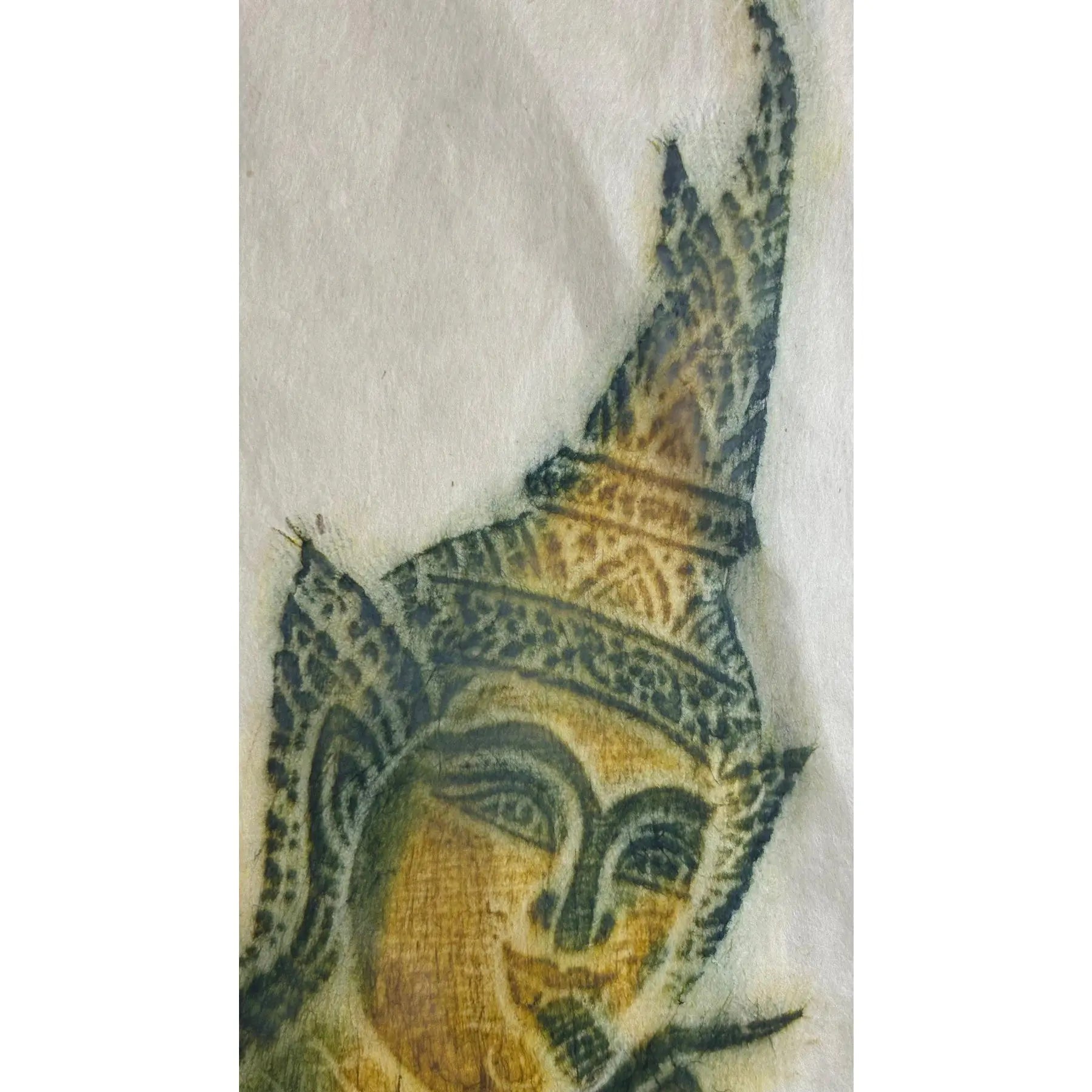 Vintage Thai Temple Rubbing of Celestial Musician in Green & Gold