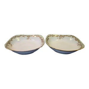 Antique 1890s Limoges Elite Works 9" Square Serving Bowls – Celadon Dots & Gold Scrolls - a Pair