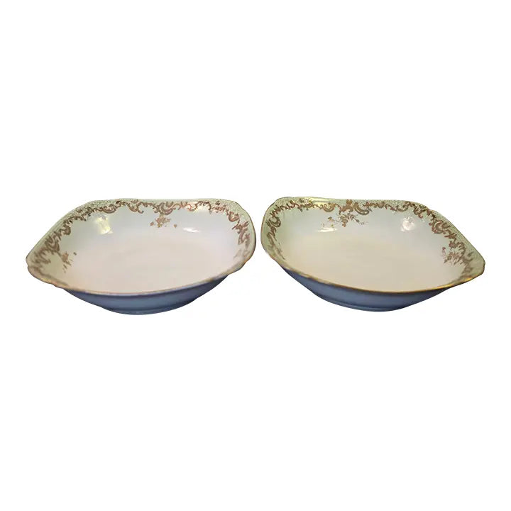 Antique 1890s Limoges Elite Works 9" Square Serving Bowls – Celadon Dots & Gold Scrolls - a Pair