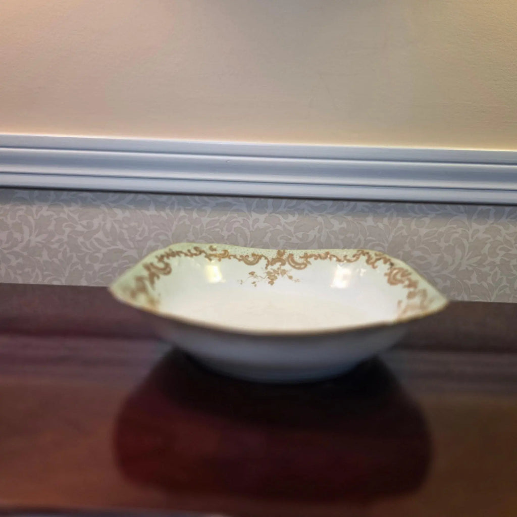 Antique 1890s Limoges Elite Works 9" Square Serving Bowls – Celadon Dots & Gold Scrolls - a Pair
