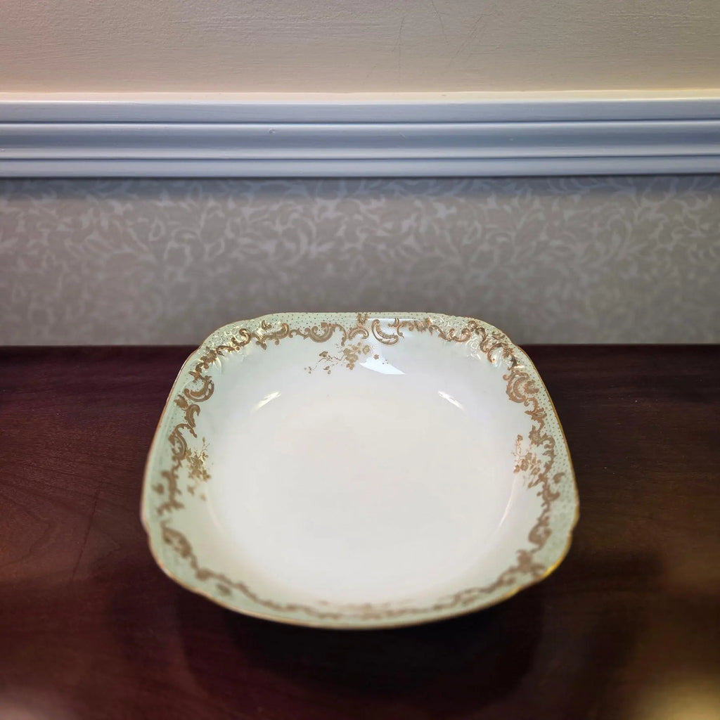 Antique 1890s Limoges Elite Works 9" Square Serving Bowls – Celadon Dots & Gold Scrolls - a Pair