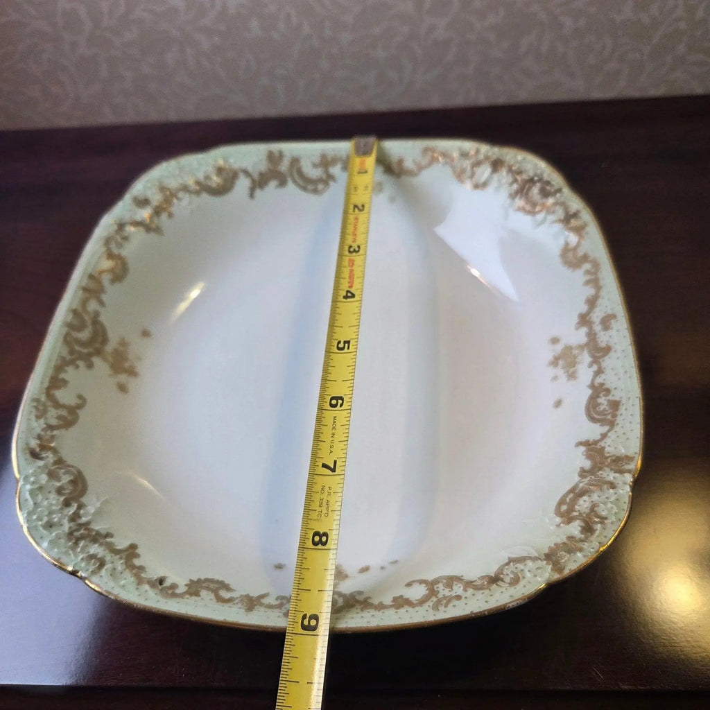 Antique 1890s Limoges Elite Works 9" Square Serving Bowls – Celadon Dots & Gold Scrolls - a Pair