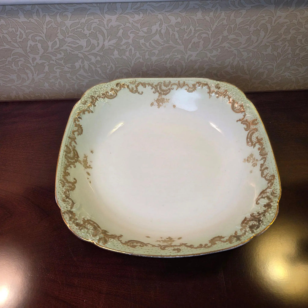 Antique 1890s Limoges Elite Works 9" Square Serving Bowls – Celadon Dots & Gold Scrolls - a Pair