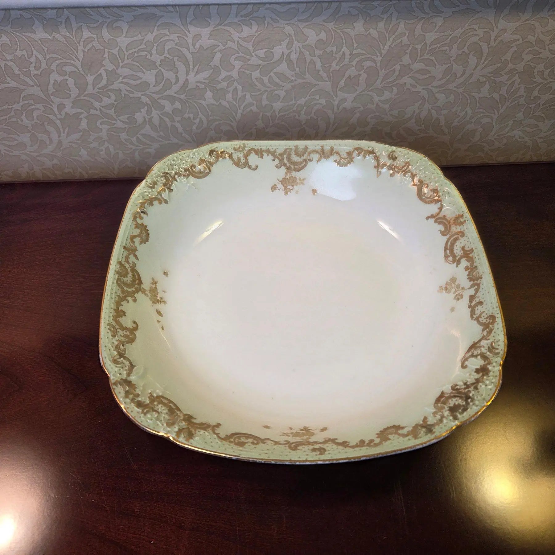 Antique 1890s Limoges Elite Works 9" Square Serving Bowls – Celadon Dots & Gold Scrolls - a Pair