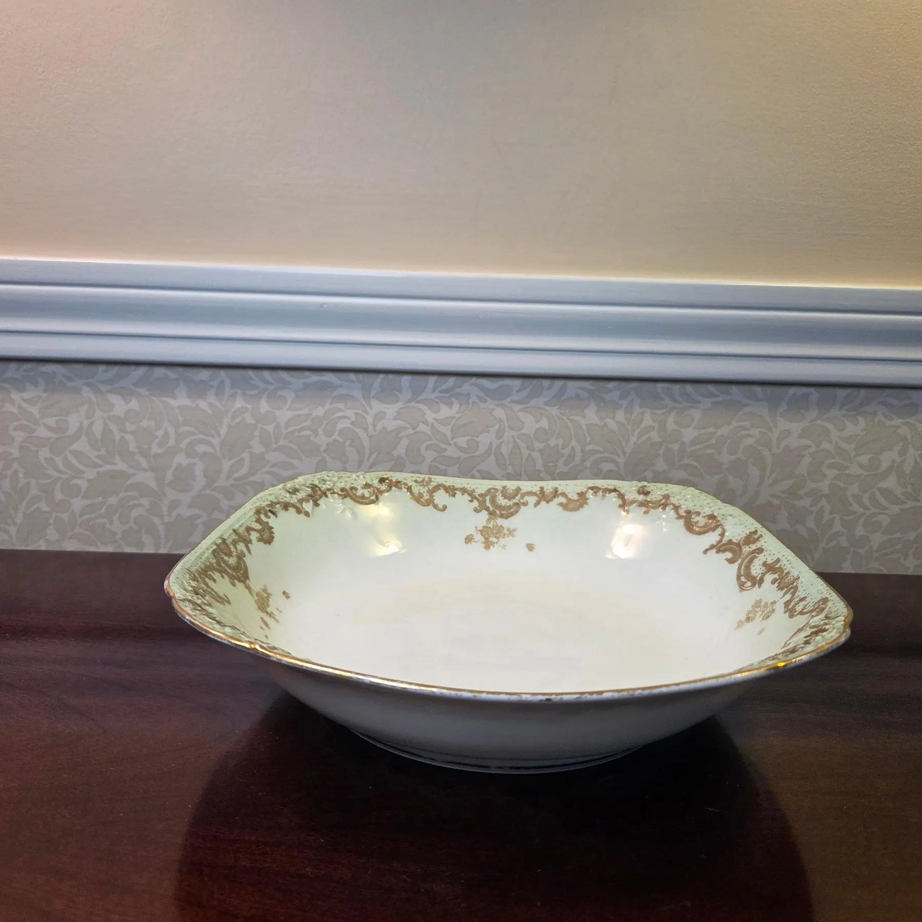 Antique 1890s Limoges Elite Works 9" Square Serving Bowls – Celadon Dots & Gold Scrolls - a Pair