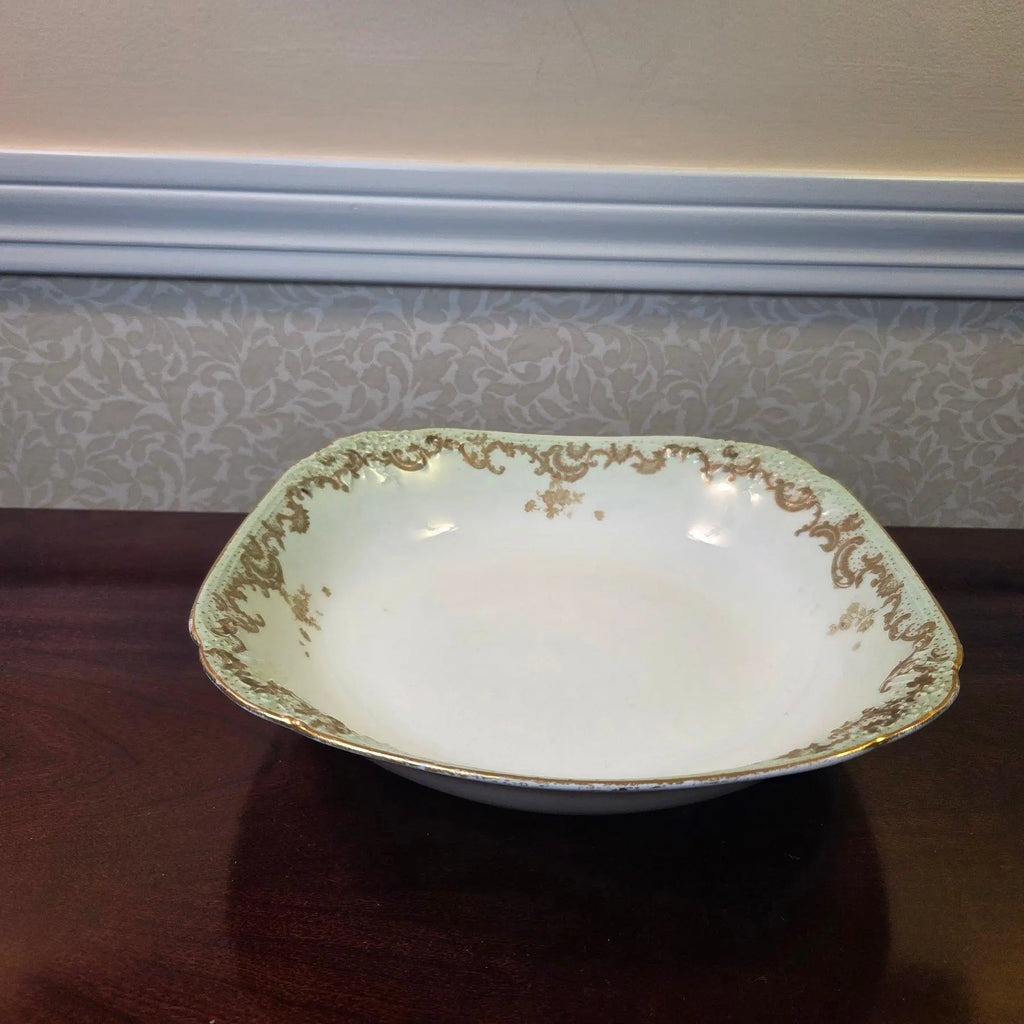 Antique 1890s Limoges Elite Works 9" Square Serving Bowls – Celadon Dots & Gold Scrolls - a Pair