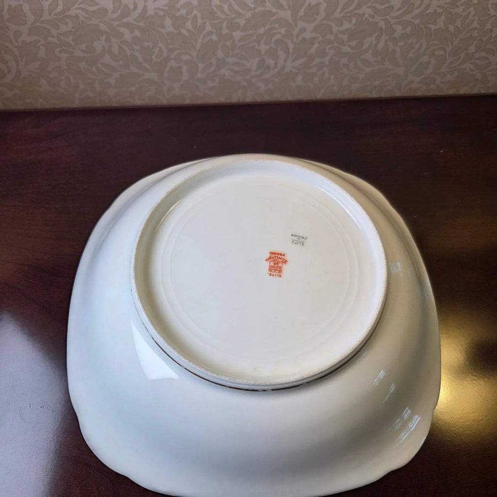 Antique 1890s Limoges Elite Works 9" Square Serving Bowls – Celadon Dots & Gold Scrolls - a Pair