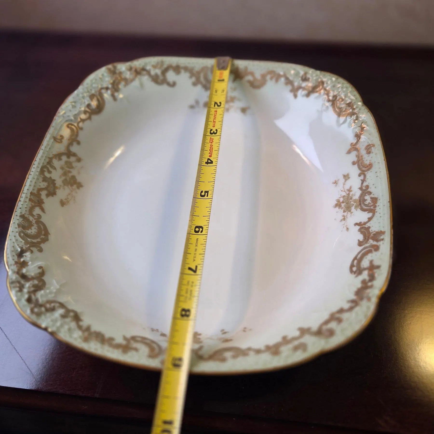 Antique 1890s Limoges Elite Works 9" Square Serving Bowls – Celadon Dots & Gold Scrolls - a Pair