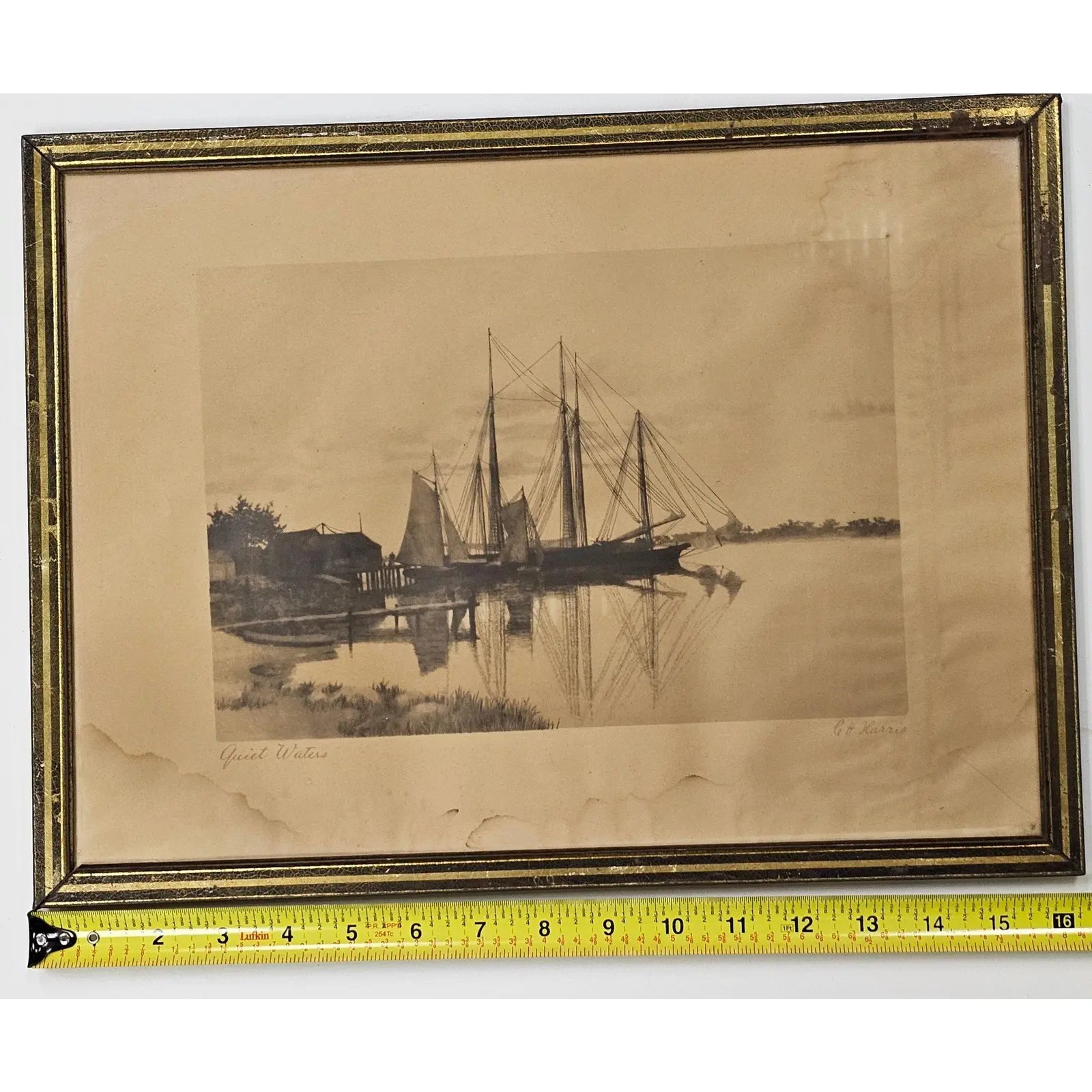 Antique Nineteenth Century Nautical Lithograph Quiet Waters by C. H. Harris Framed
