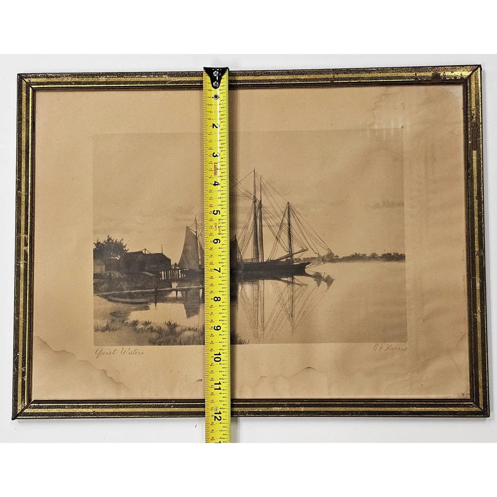 Antique Nineteenth Century Nautical Lithograph Quiet Waters by C. H. Harris Framed