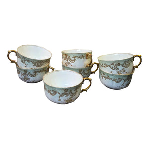 Antique Limoges Elite Works Teacups – Celadon Dots and Gold Scrolls - set of 7