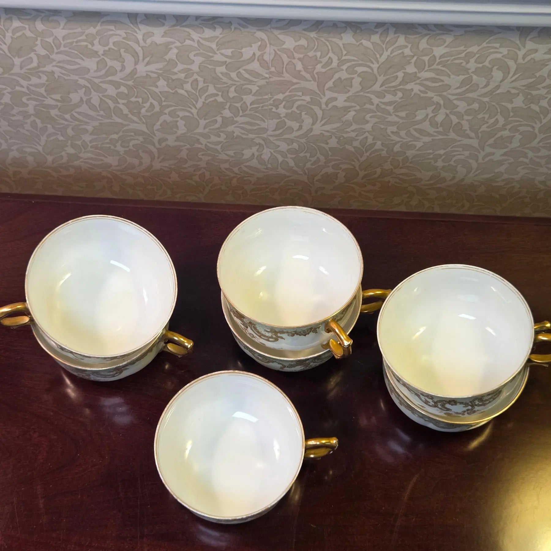 Antique Limoges Elite Works Teacups – Celadon Dots and Gold Scrolls - set of 7