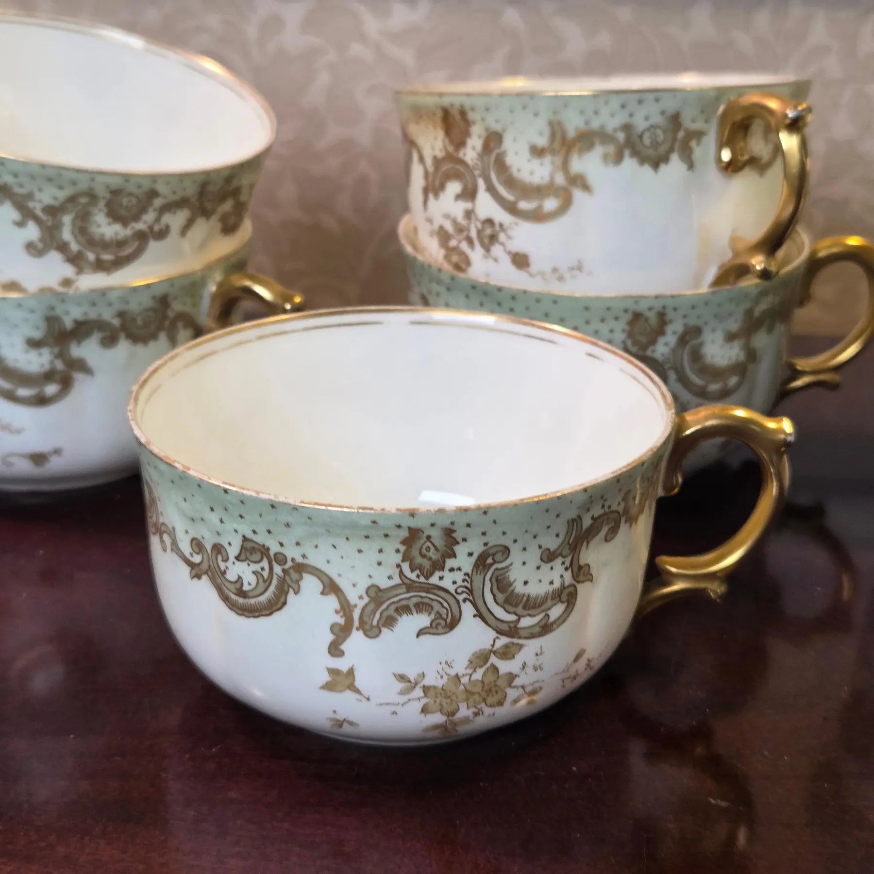 Antique Limoges Elite Works Teacups – Celadon Dots and Gold Scrolls - set of 7