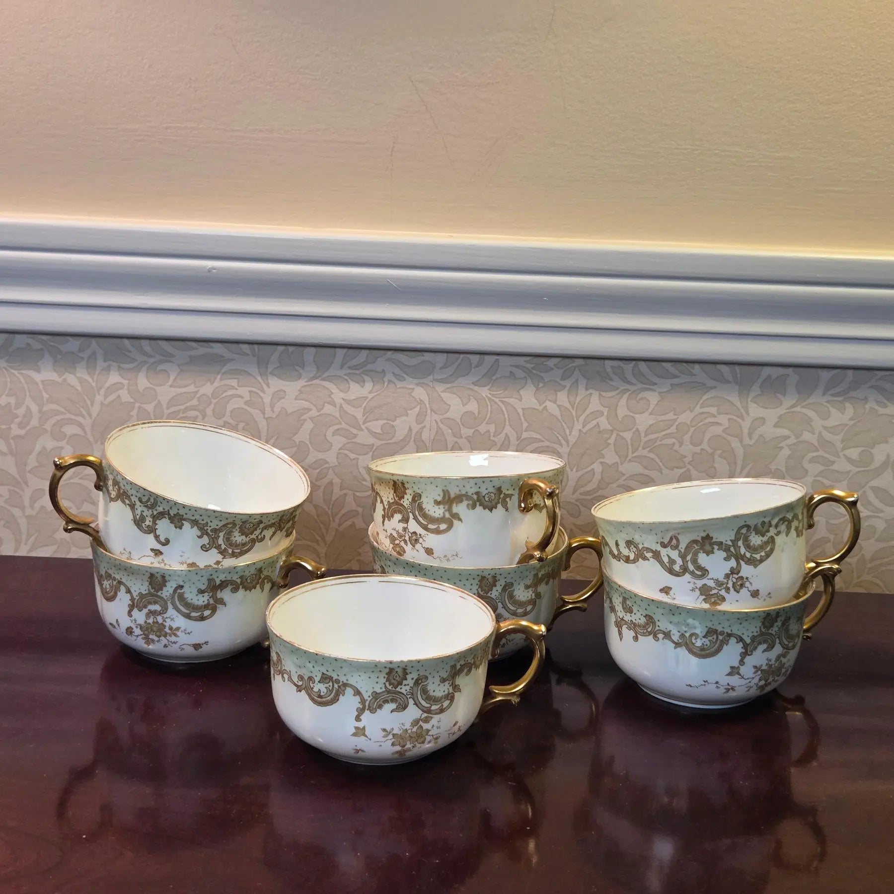 Antique Limoges Elite Works Teacups – Celadon Dots and Gold Scrolls - set of 7