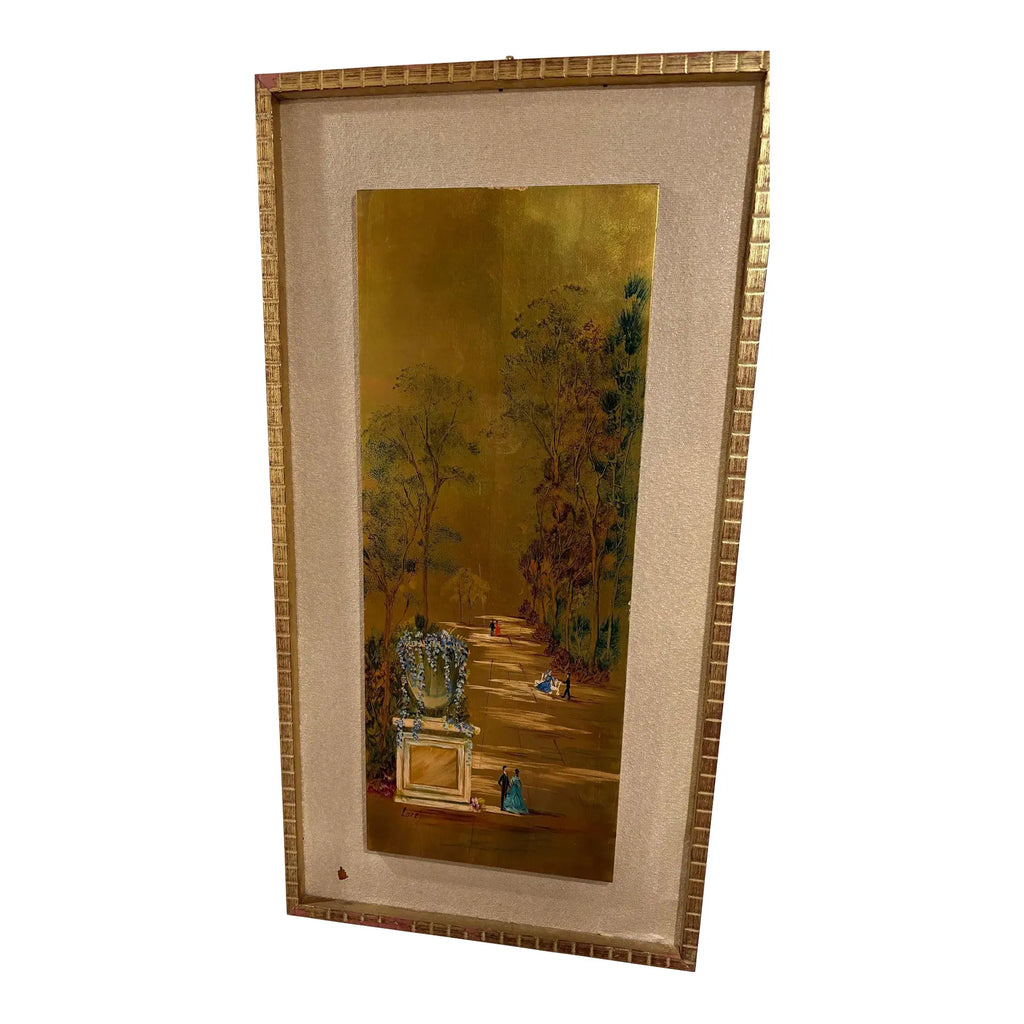 Large Mid-Century Gilded Wood Panel Garden Scene by Loze