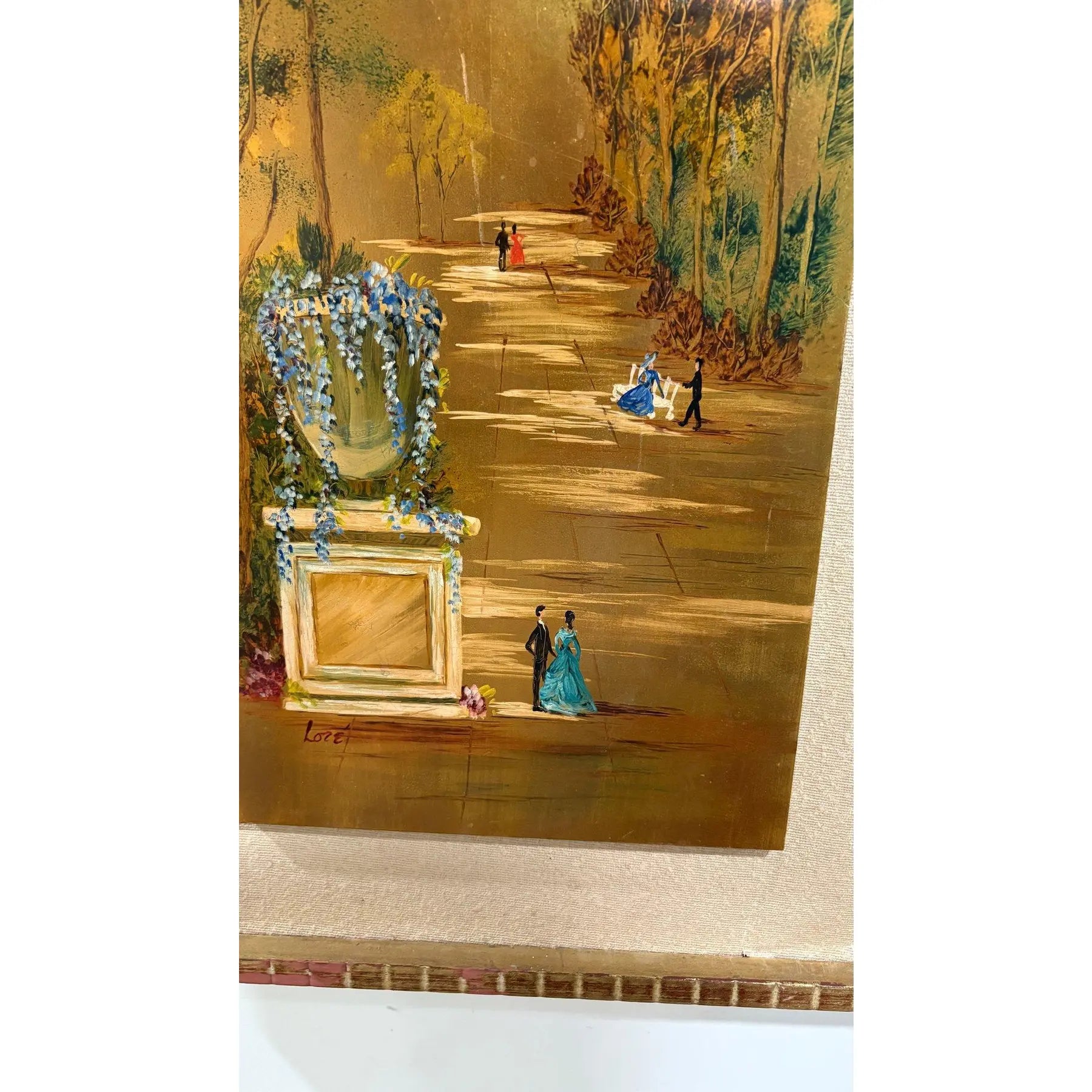 Large Mid-Century Gilded Wood Panel Garden Scene by Loze