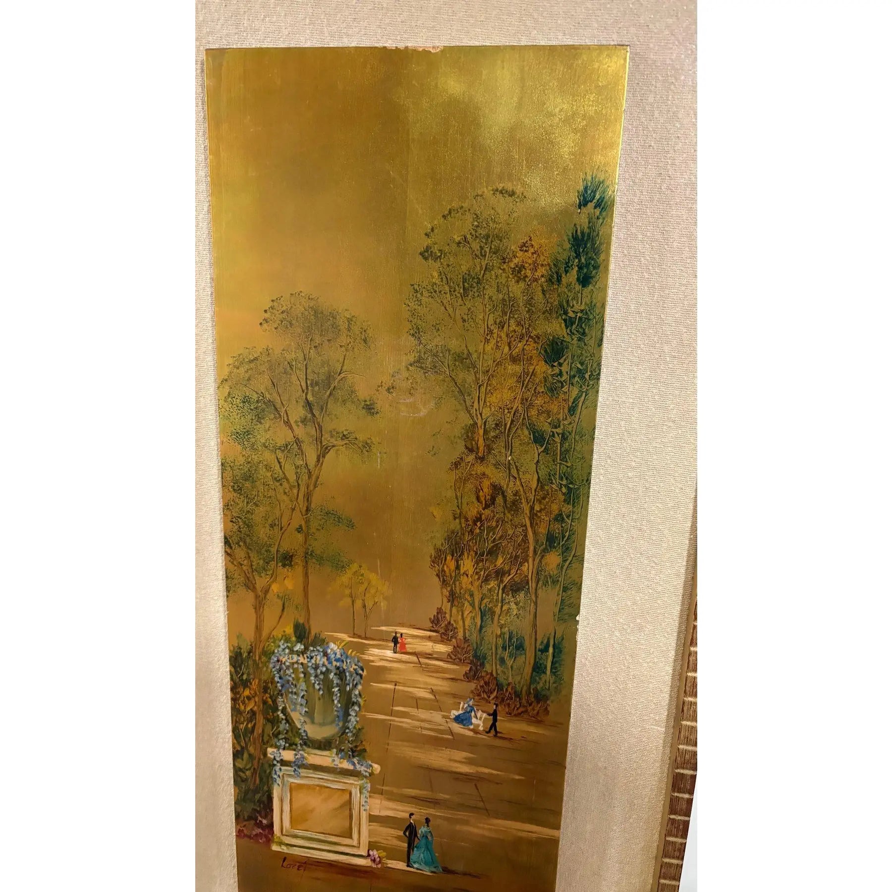 Large Mid-Century Gilded Wood Panel Garden Scene by Loze