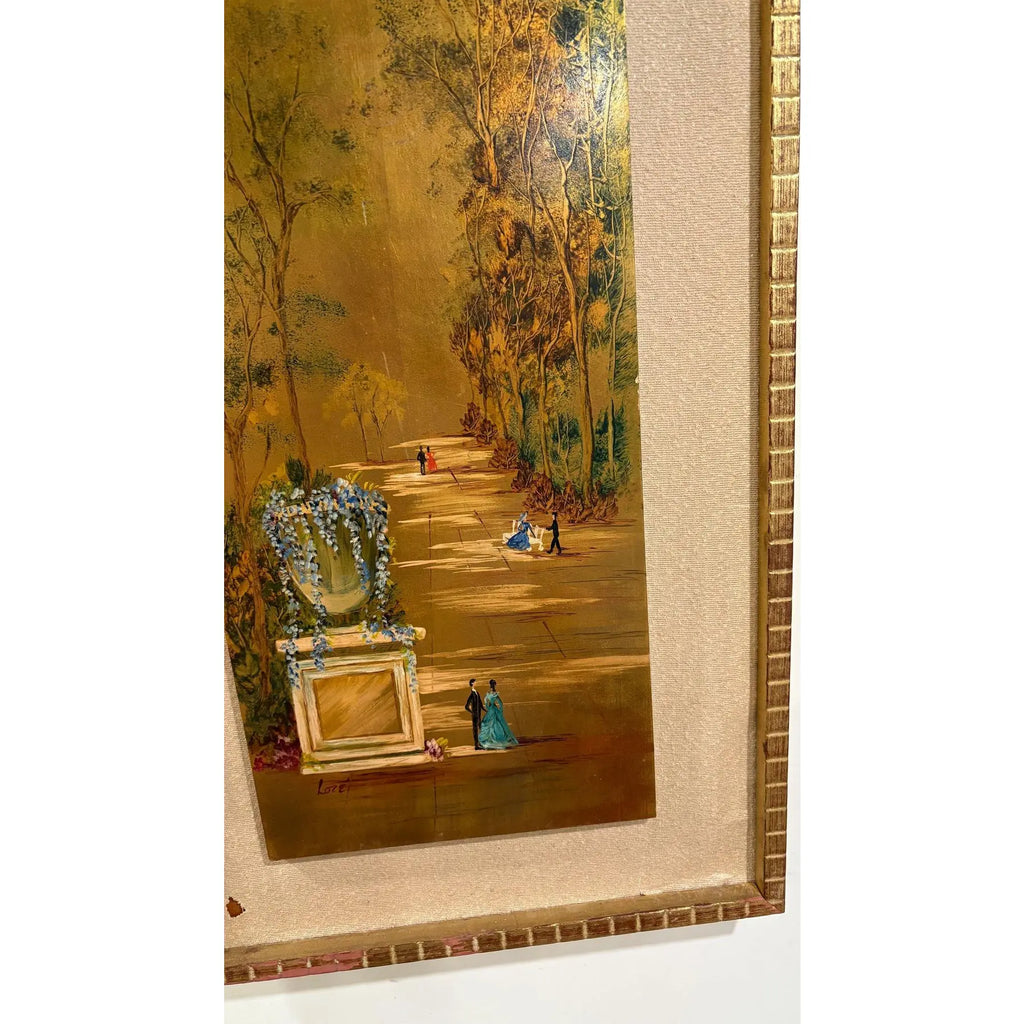 Large Mid-Century Gilded Wood Panel Garden Scene by Loze