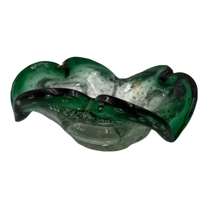 Mid-Century Murano Emerald & Gold Aventurine Bullicante Glass Bowl