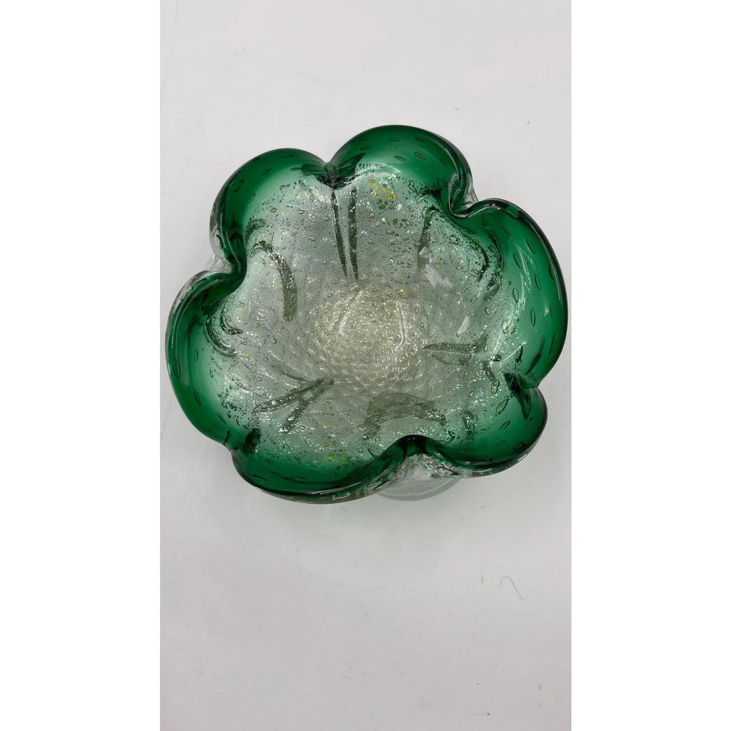 Mid-Century Murano Emerald & Gold Aventurine Bullicante Glass Bowl