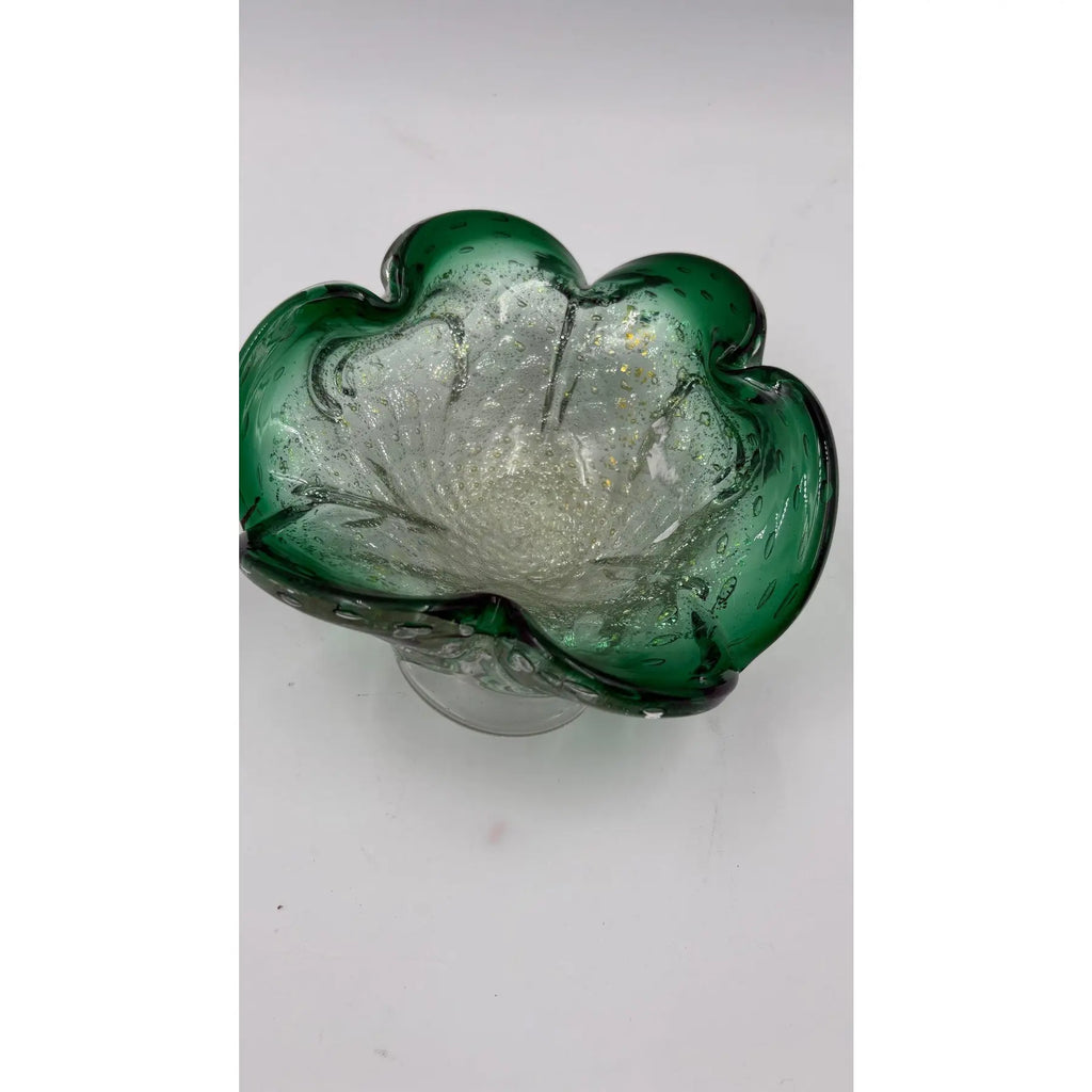 Mid-Century Murano Emerald & Gold Aventurine Bullicante Glass Bowl