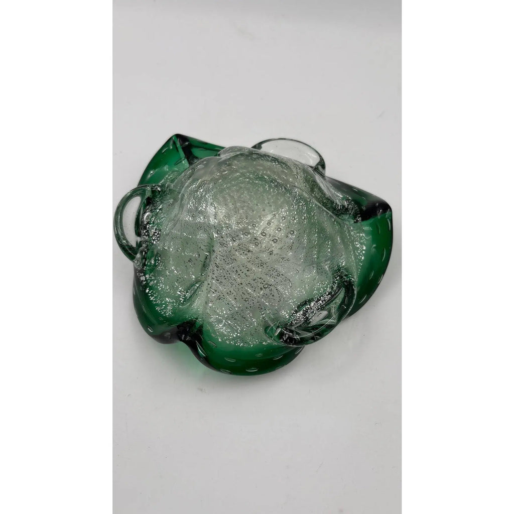 Mid-Century Murano Emerald & Gold Aventurine Bullicante Glass Bowl