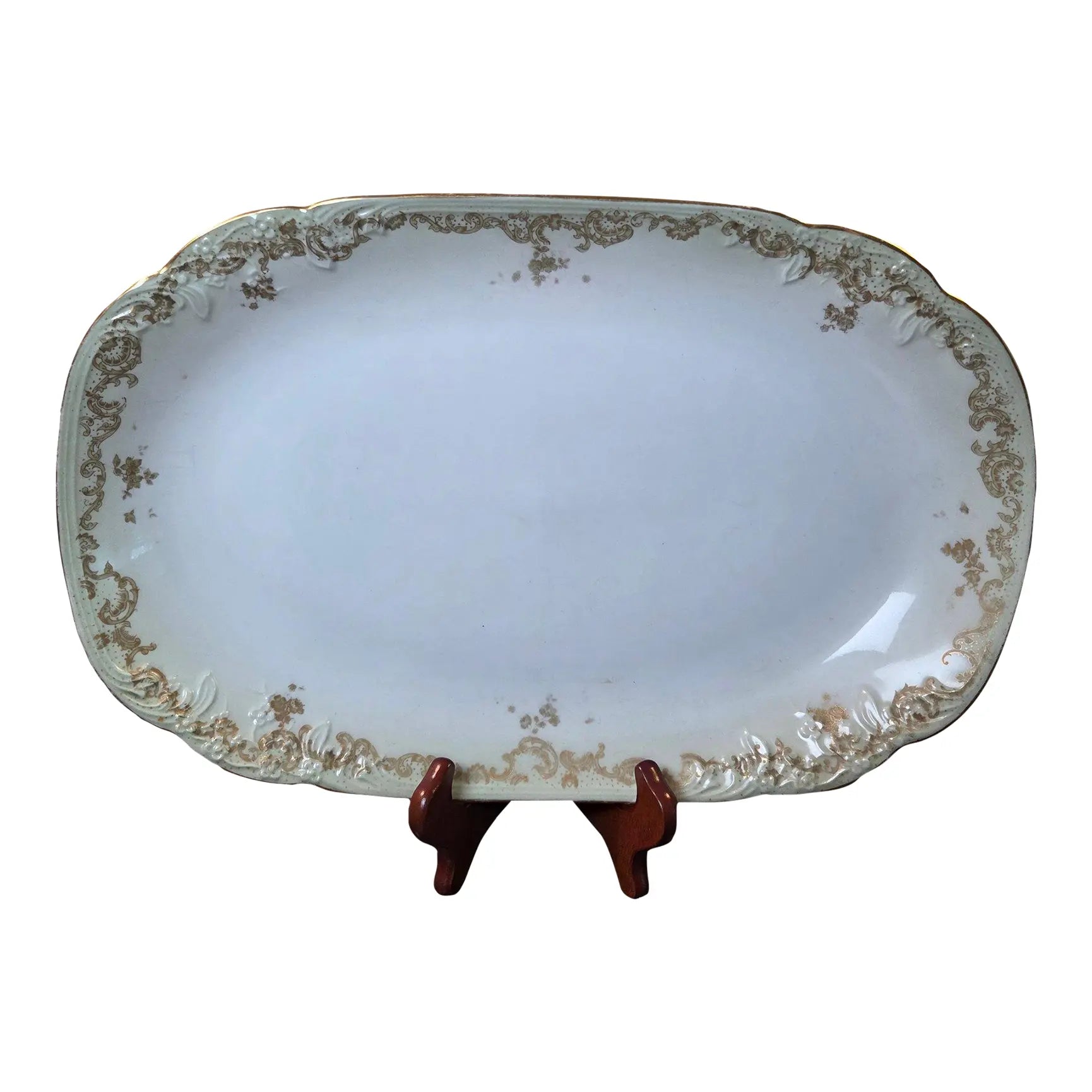 Antique Elite Works Limoges 16" Hostess Platter - Gilded Scrolls & Celadon Dot Border