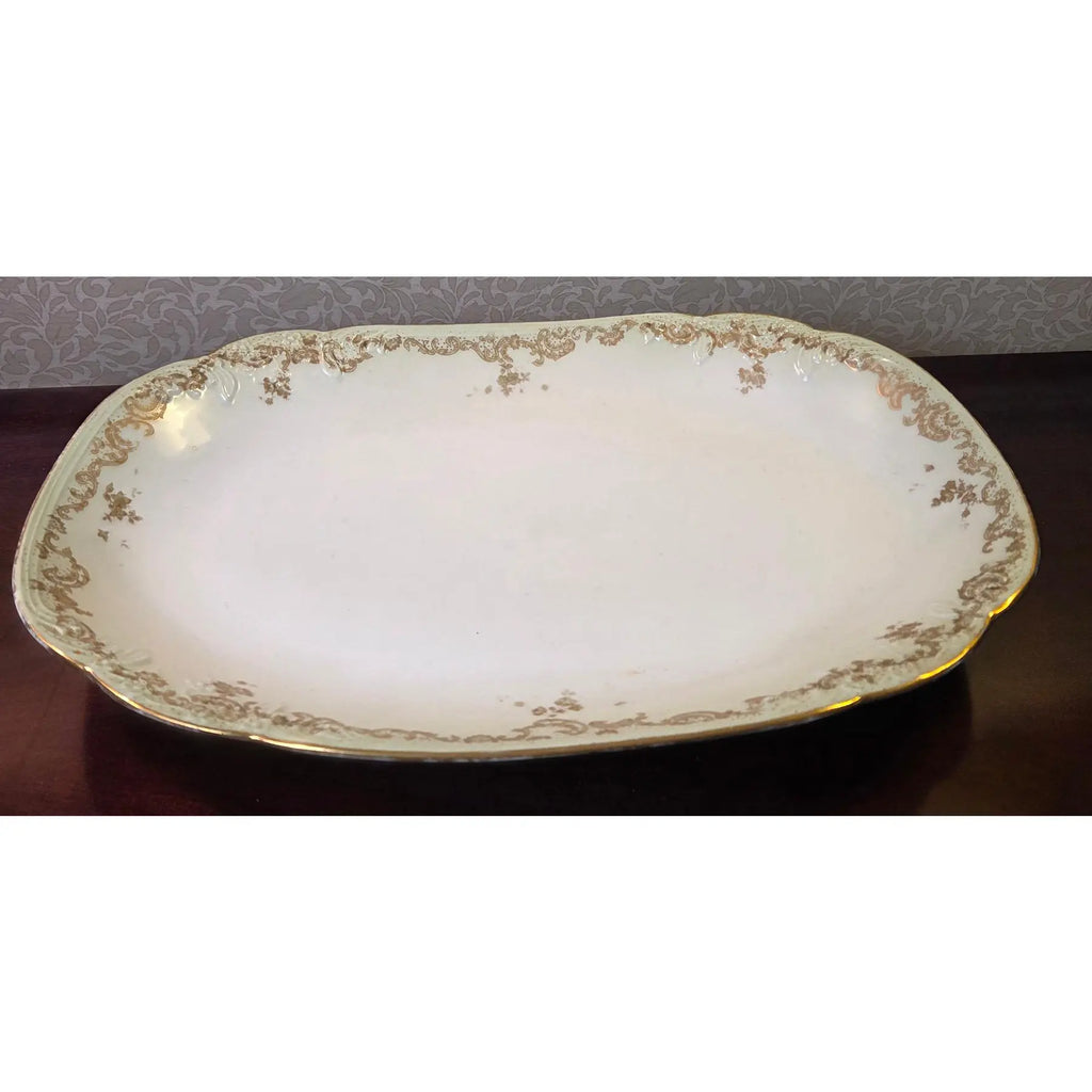 Antique Elite Works Limoges 16" Hostess Platter - Gilded Scrolls & Celadon Dot Border