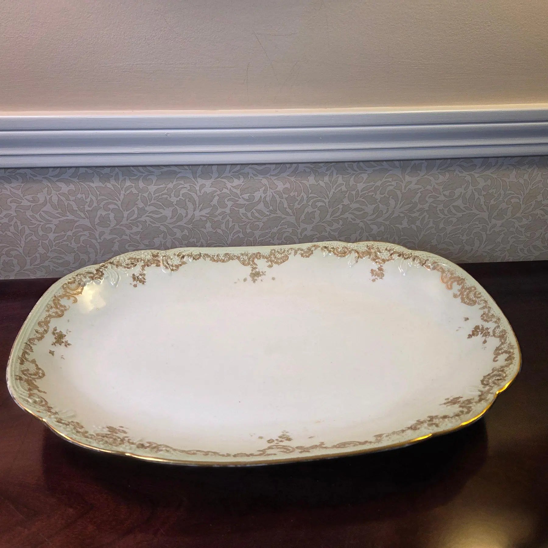 Antique Elite Works Limoges 16" Hostess Platter - Gilded Scrolls & Celadon Dot Border