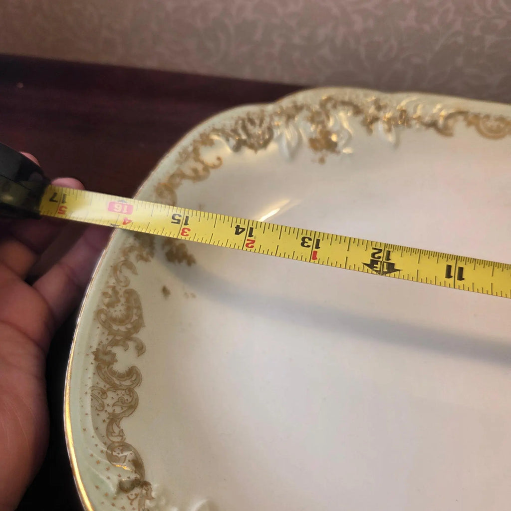 Antique Elite Works Limoges 16" Hostess Platter - Gilded Scrolls & Celadon Dot Border