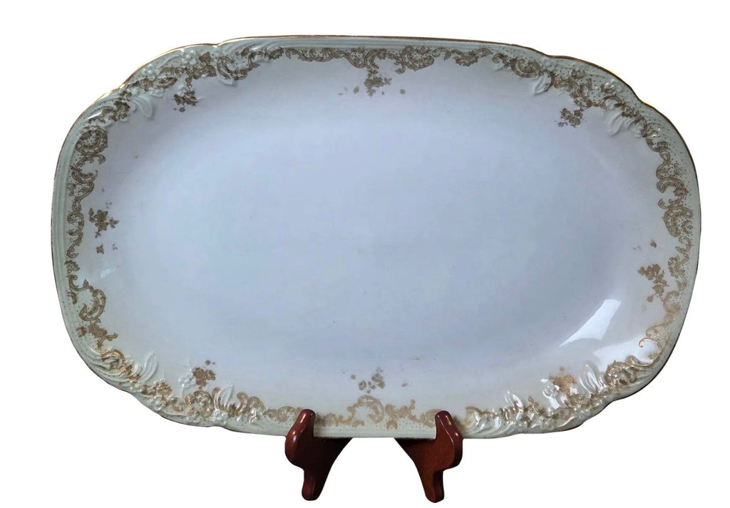 Antique Elite Works Limoges 16" Hostess Platter - Gilded Scrolls & Celadon Dot Border