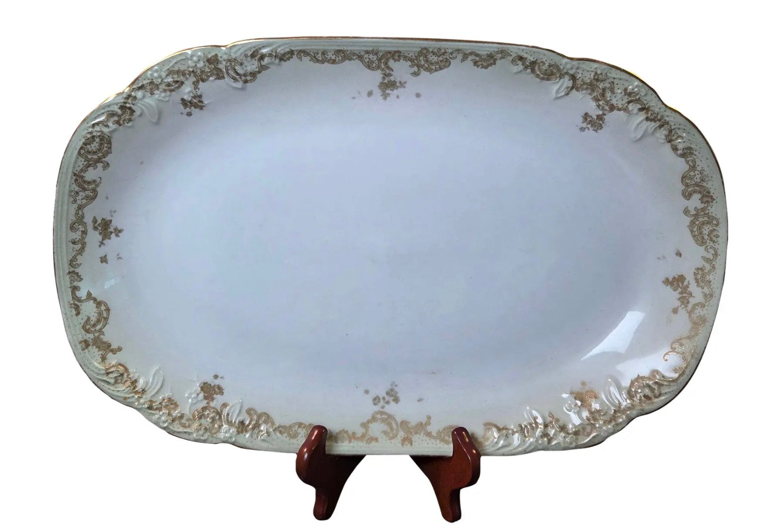 Antique Elite Works Limoges 16" Hostess Platter - Gilded Scrolls & Celadon Dot Border