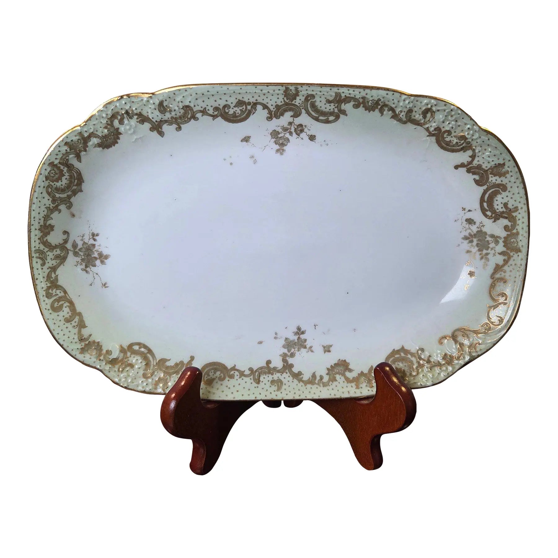 Antique Elite Works Limoges 10” Porcelain Serving Platter - Celadon Dotted Border & Gilded Scrolls
