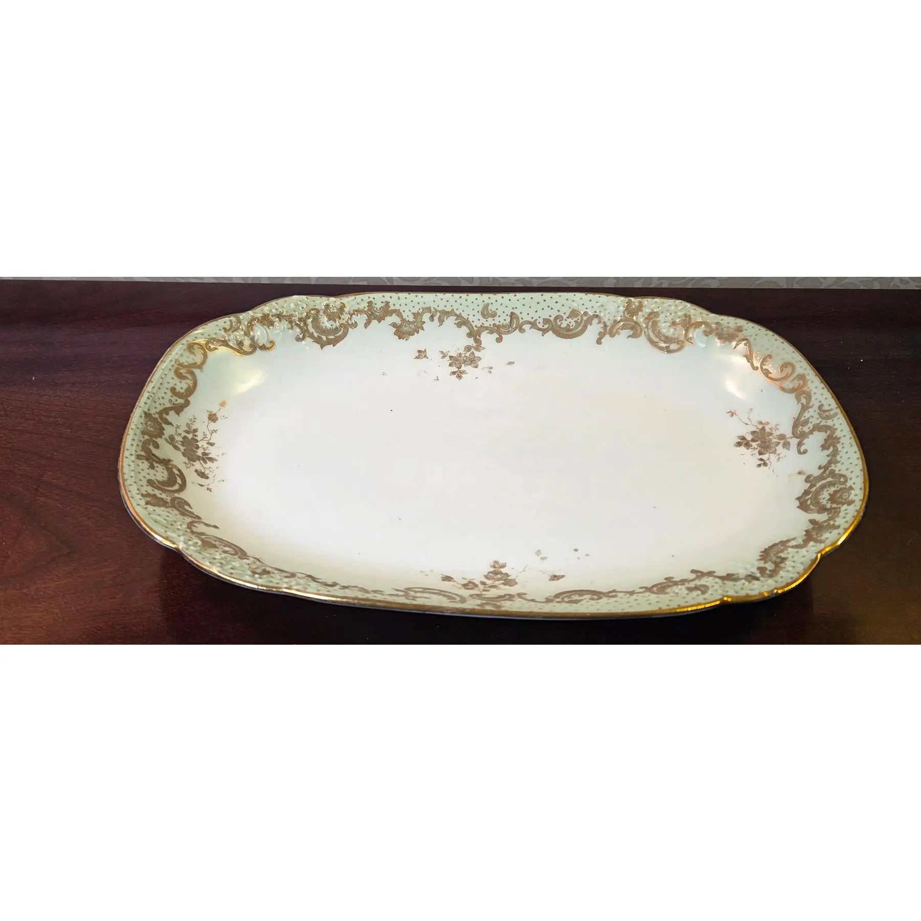 Antique Elite Works Limoges 10” Porcelain Serving Platter - Celadon Dotted Border & Gilded Scrolls