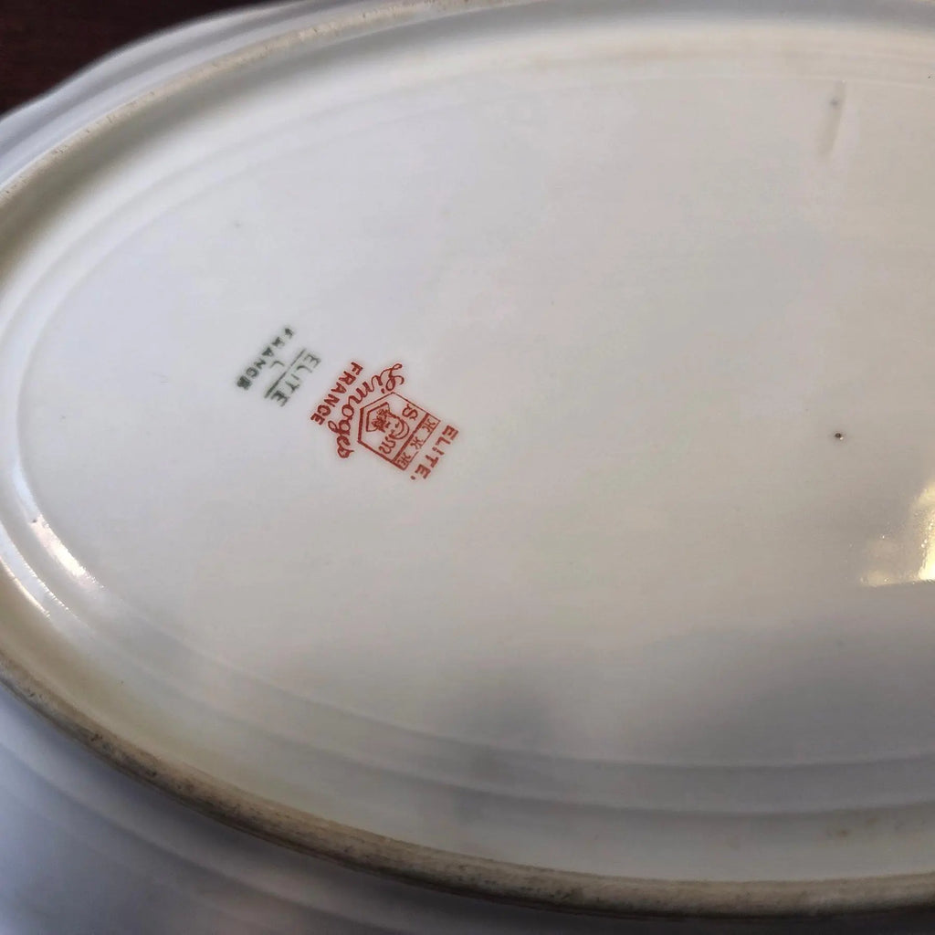 Antique Elite Works Limoges 10” Porcelain Serving Platter - Celadon Dotted Border & Gilded Scrolls
