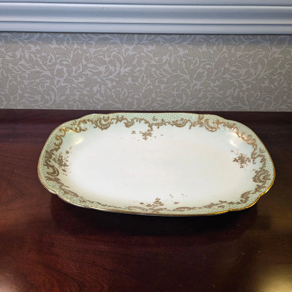 Antique Elite Works Limoges 10” Porcelain Serving Platter - Celadon Dotted Border & Gilded Scrolls