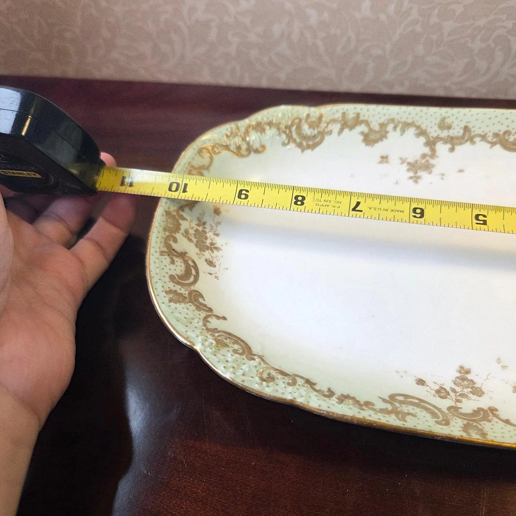 Antique Elite Works Limoges 10” Porcelain Serving Platter - Celadon Dotted Border & Gilded Scrolls
