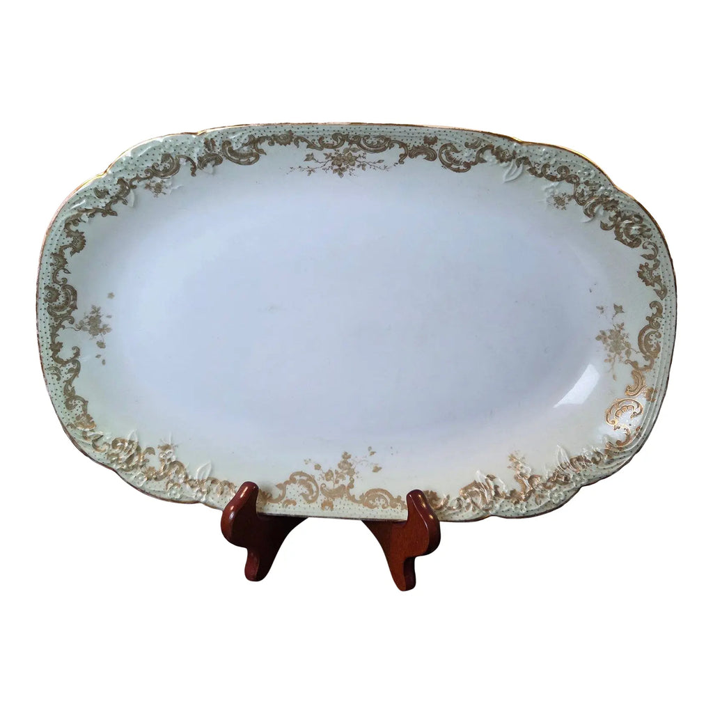 Antique Elite Works Limoges Large 13.5” Serving Platter - Celadon Dot & Gilded Scrolls