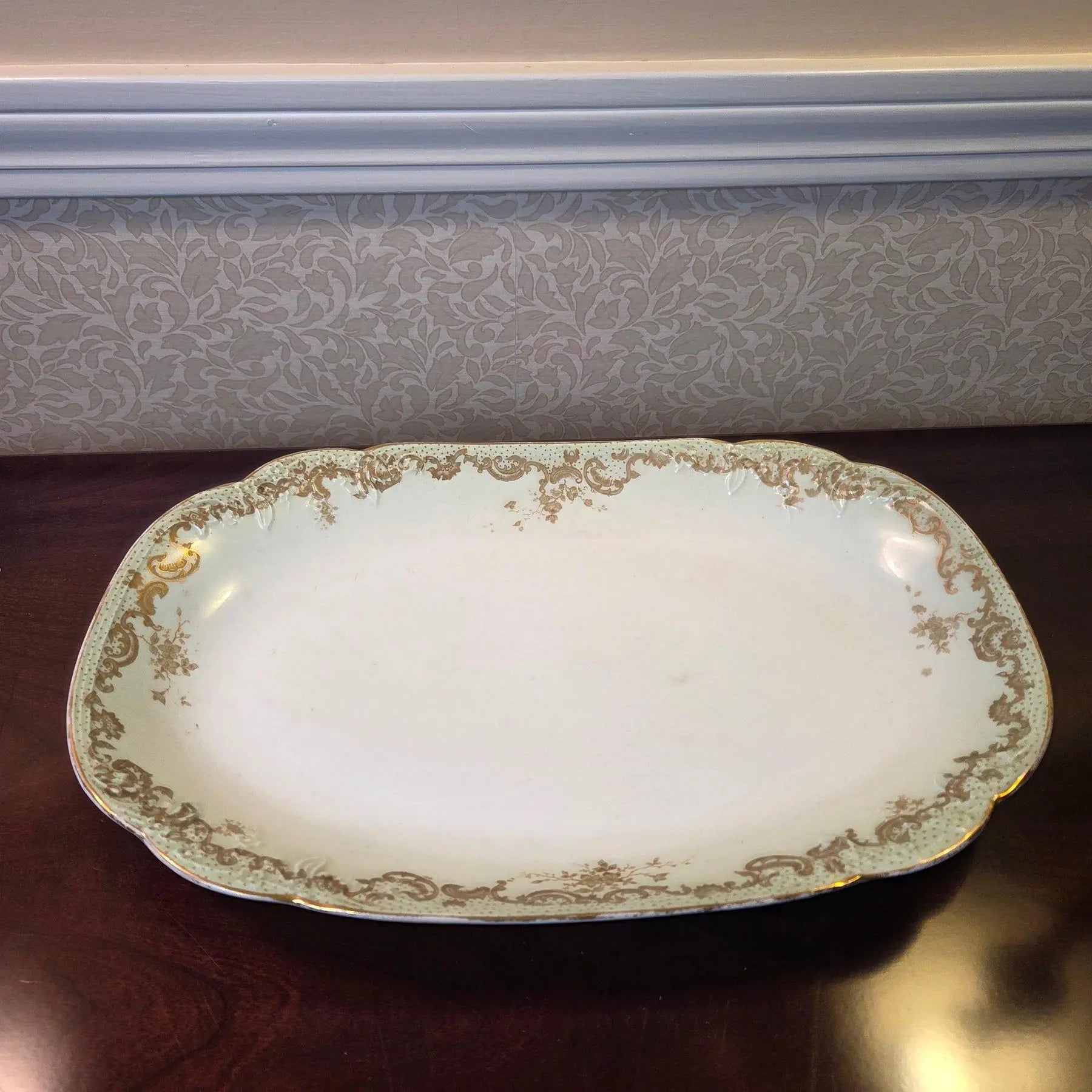 Antique Elite Works Limoges Large 13.5” Serving Platter - Celadon Dot & Gilded Scrolls