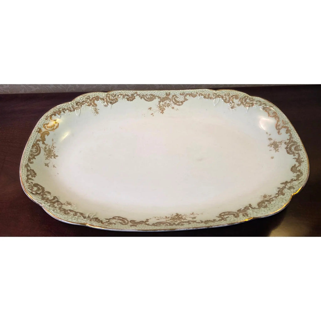 Antique Elite Works Limoges Large 13.5” Serving Platter - Celadon Dot & Gilded Scrolls
